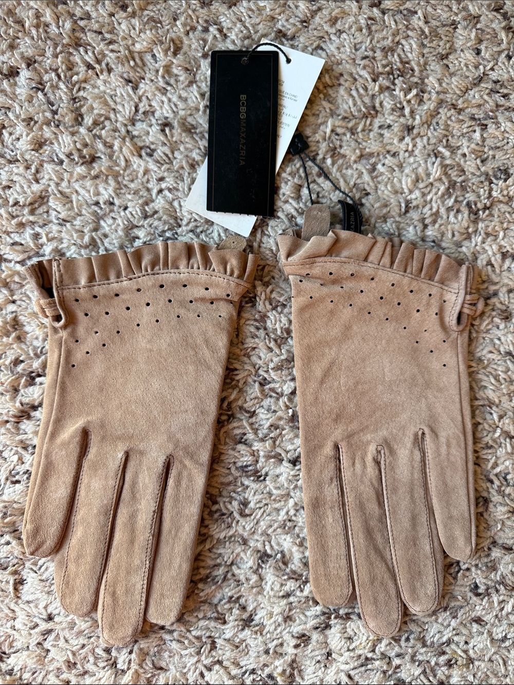 BCBGMaxAzria Taupe Suede Ruffle-Trim Gloves